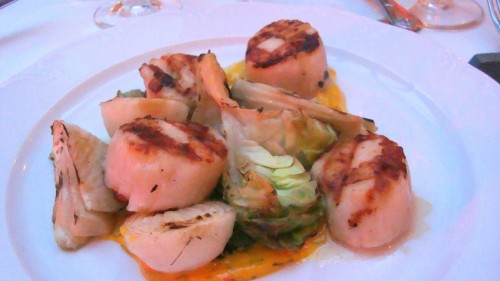 Grilled Sea Scallop with Fennel, Bibb Lettuce, Spring Onion and Saffron-Dill Aioli