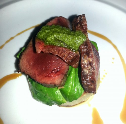 Grilled New Zealand venison loin, Cabrales dumplings, oyster mushrooms and salsa verde
