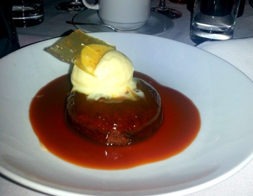Sticky toffee pudding with Armagnac ice cream and hot caramel sauce