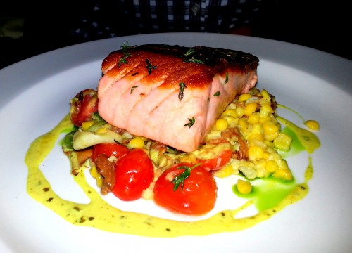 Scottish salmon: Sweet Summer Corn, Heirloom Cherry Tomato, Fava Beans, Chanterelles, Pancetta & Curry Butter