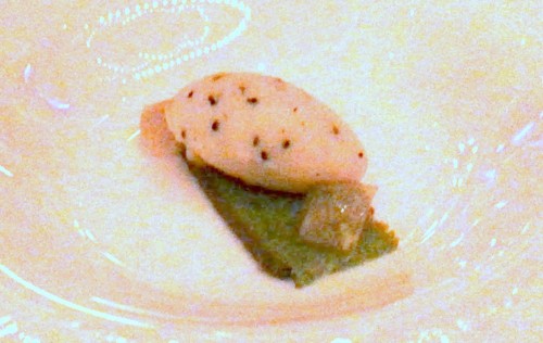 Palate cleanser: passion fruit sorbet over basil cake and pistachio jelly.